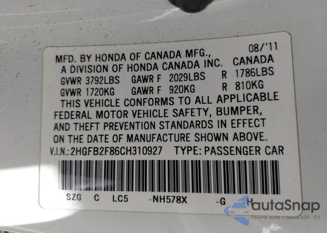 2012 Honda Civic Ex from USA, damaged, VIN 2HGFB2F86CH310927